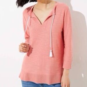 Loft Women SZ S Coral Pink Tasseled Tie V-Neckline Long Sleeve Cotton Top